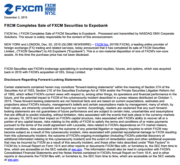 FXCM Securities出售给Expobank_福汇出售非核心业务细节_福汇fxcm有限公司