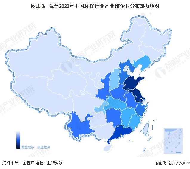图表3：截至2022年中国环保行业产业链企业分布热力地图