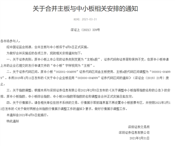 深交所主板与中小板合并实施细节_深市主板中小板合并时间敲定_中小板股票代码区间